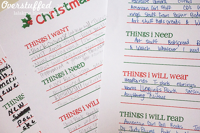 Christmas Wish List Printable: Want, Need, Wear, Read