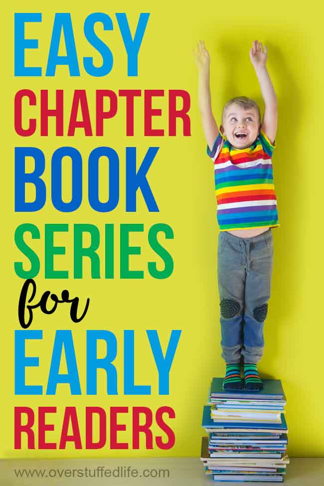 Boy standing on pile of books. Text says Easy Chapter Book Series for Early Readers