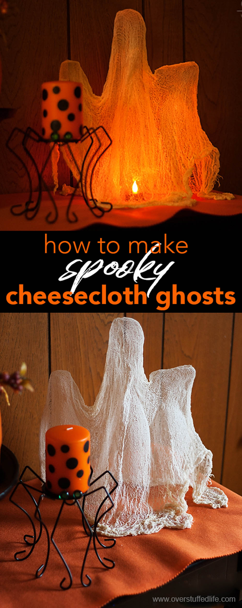 Make these adorable cheesecloth ghosts with liquid starch or mod podge. Super cute Halloween craft to do with your family! via @lara_neves