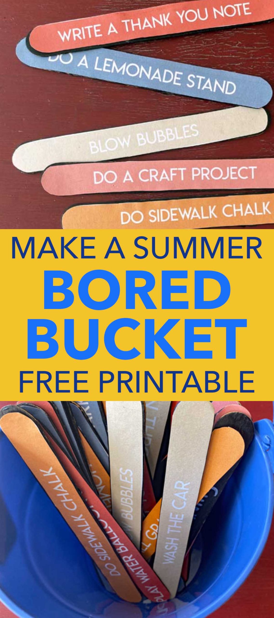 Got bored kids at home this summer? Use this free bored bucket printable to make a bucket filled with activities to keep them busy. via @lara_neves