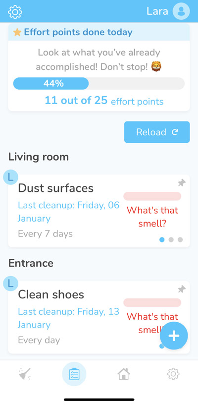 Screen shot of cleaning schedule in Sweepy app