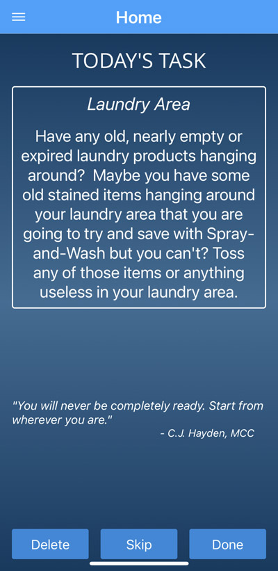 Screen shot of the Toss app. Today's Task is decluttering the Laundry Area