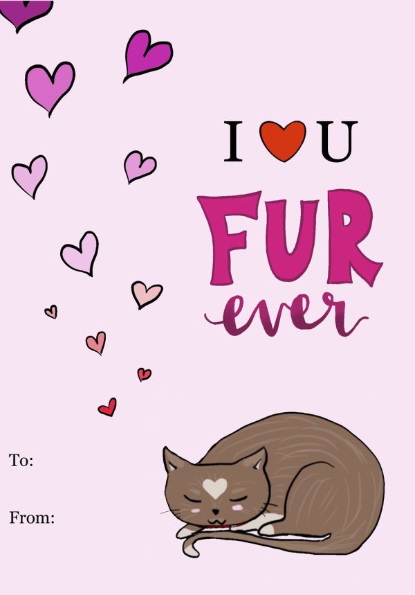 Printable valentine card featuring a brown cat with heart shaped markings and the saying "I Love you Fur Ever"