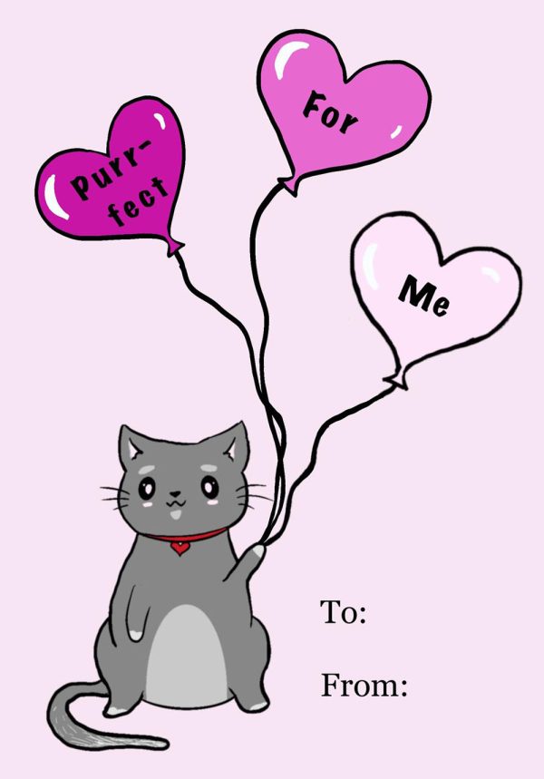 Valentine card featuring a grey cat holding heart balloons with the saying purrfect for me.