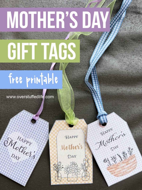 Three paper gift tags that say Happy Mother's Day. All are pastel gingham with pastel colored ribbons