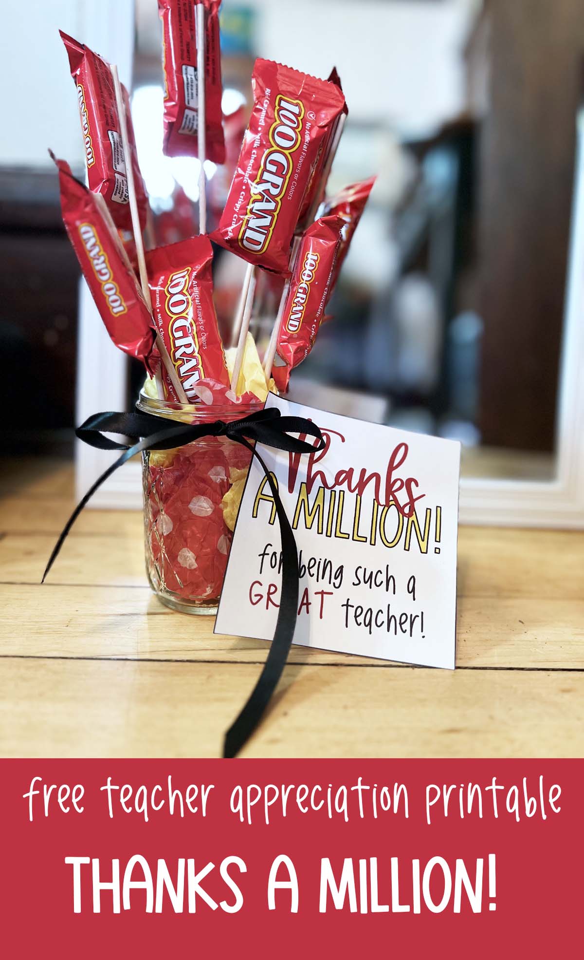 Print off this cute "thanks a million" tag for a perfect teacher appreciation gift. Pair it with a 100 Grand Candy Bar bouquet. This free printable is sure to make your favorite teacher smile! via @lara_neves